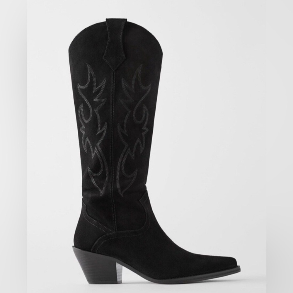 Zara Black Split Suede Cowboy Boots Size 38/7.5